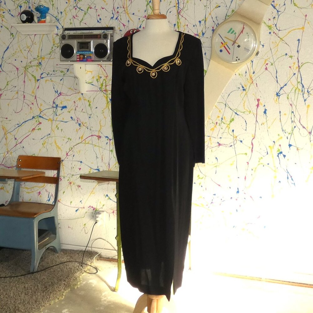 Virgo II Vintage Long Sleeve Maxi Dress Black with Gold Rope Pearl Embellishment